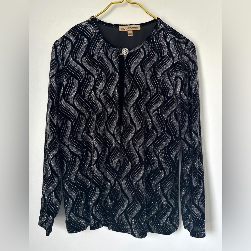 Vintage Notations Black Silver Velour Sparkle Layered Look Blouse Top Women’s L